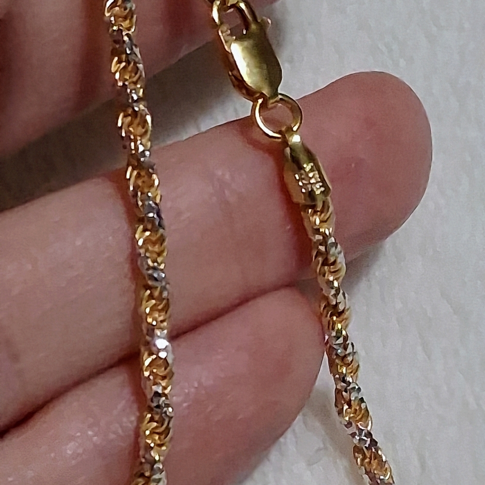 925 SS Two Tone Gold Over Solid Diamond Cut Twist Rope Bracelet